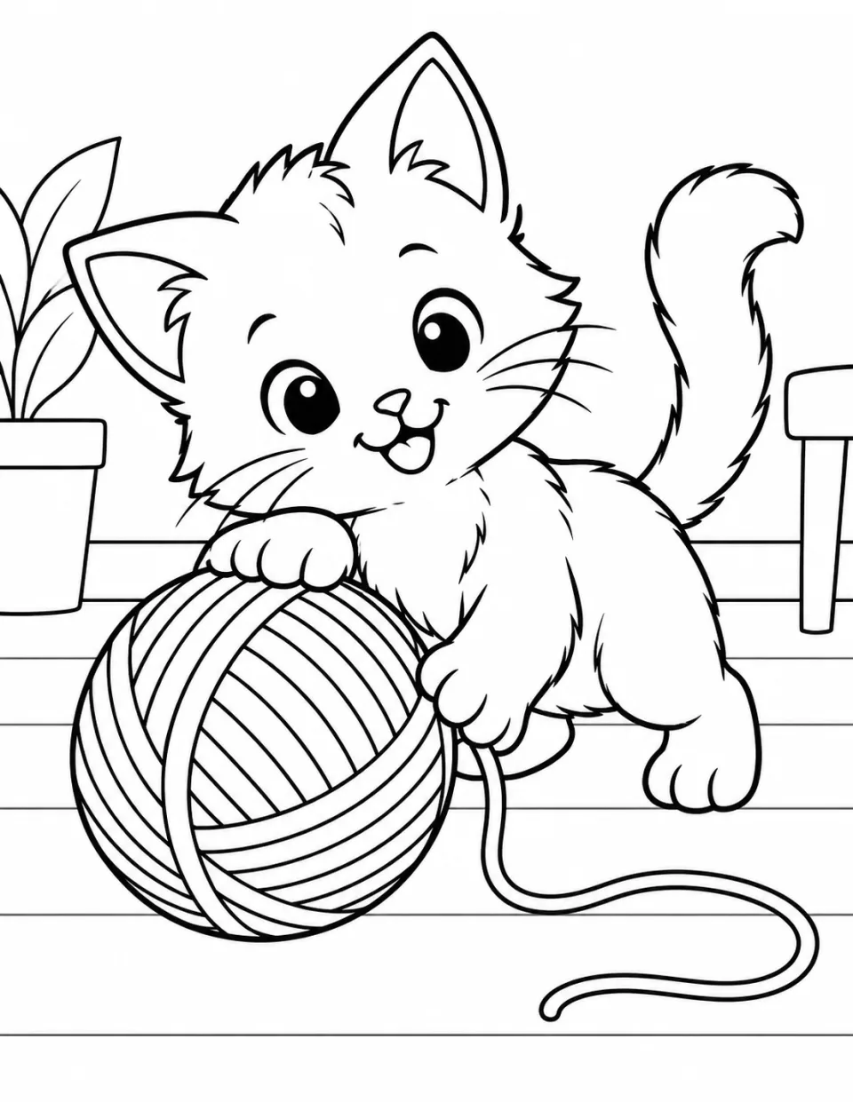 Cute kitten playing with a large ball of yarn coloring page