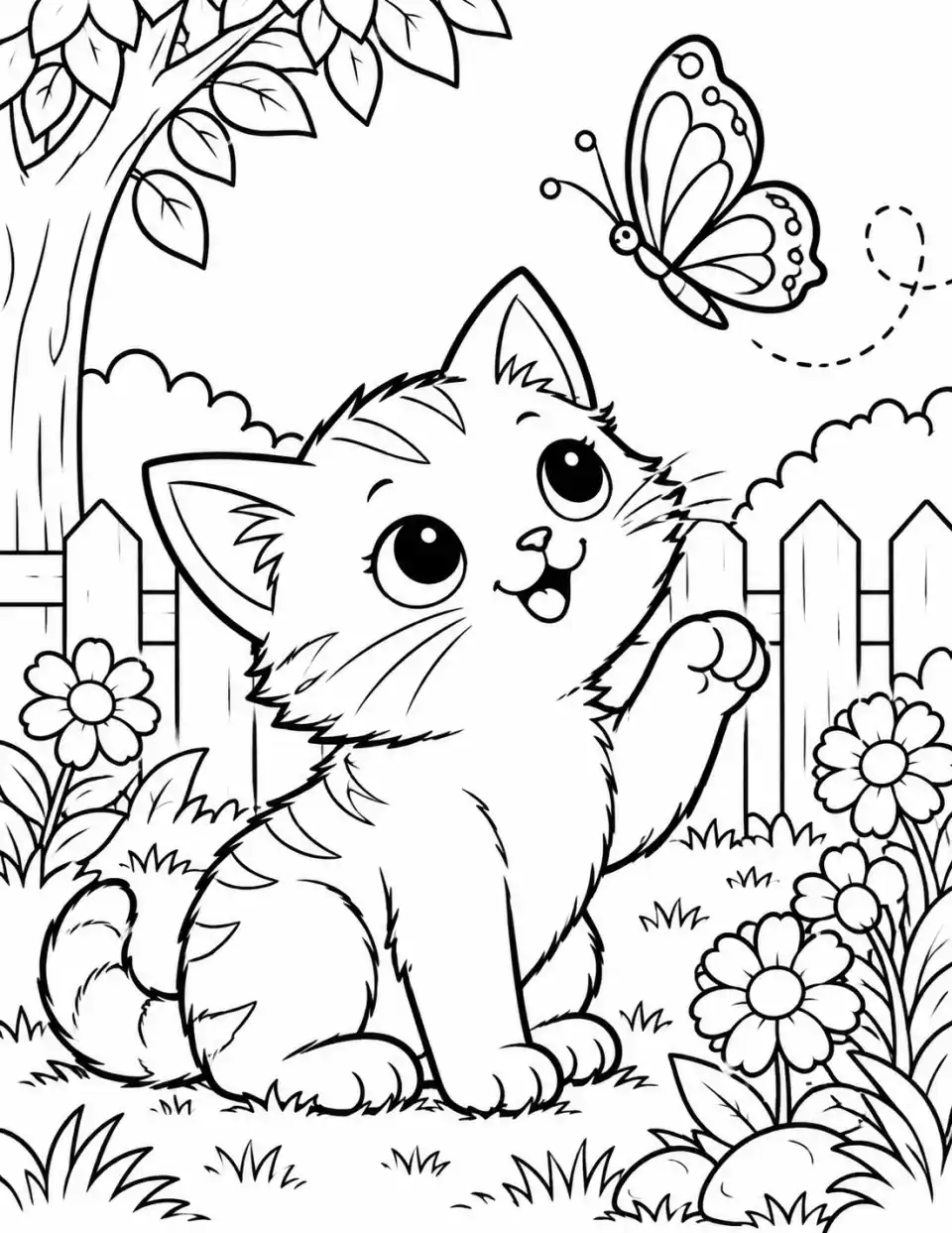Playful kitten reaching for a butterfly in a flower garden coloring page