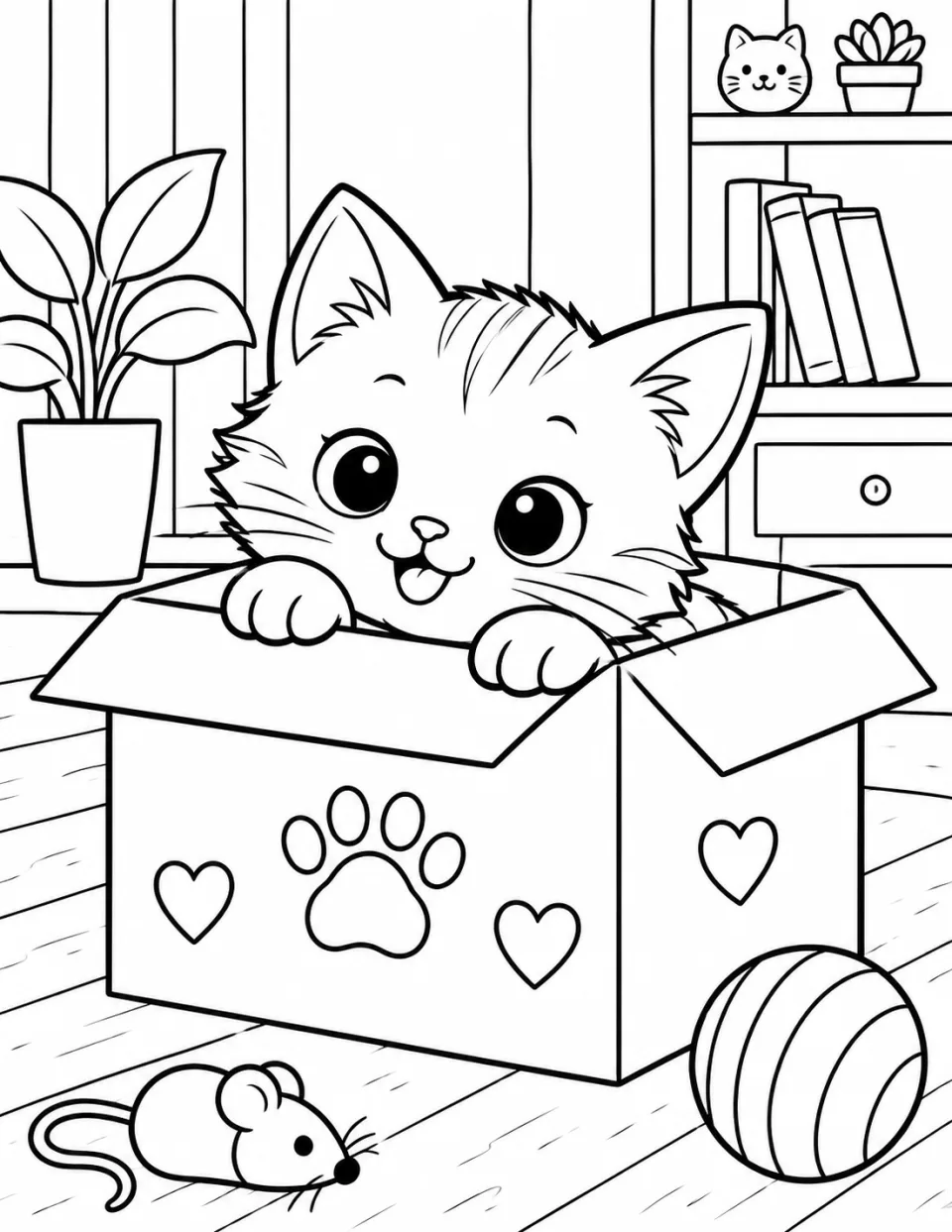 Cute kitten peeking out of a cardboard box coloring page