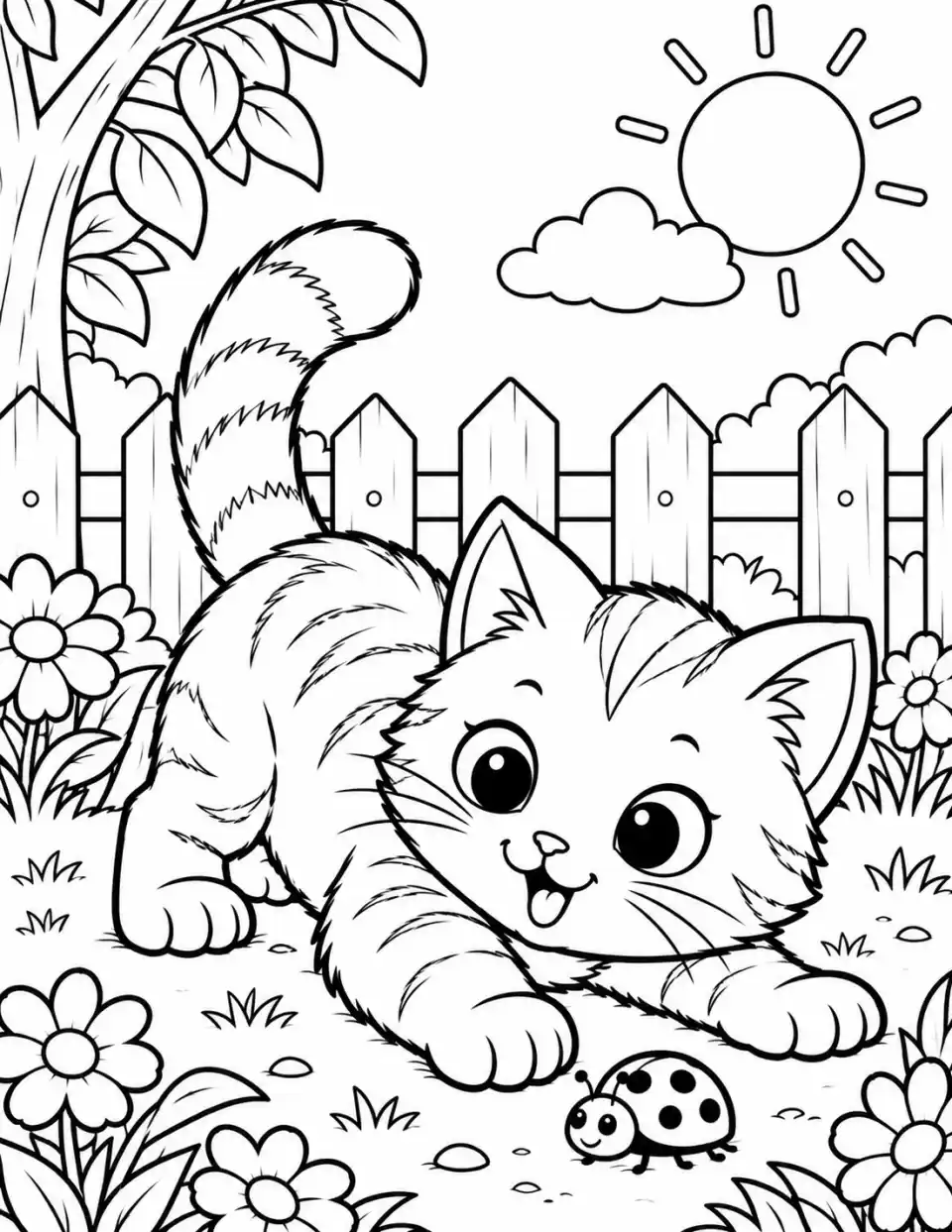 Playful kitten reaching toward a ladybug in a sunny garden coloring page