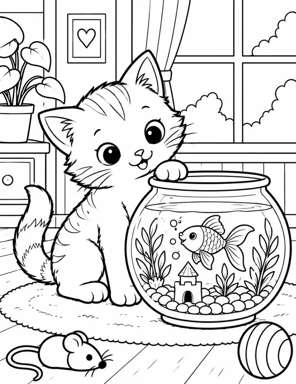 Curious kitten watching a fish inside a round fishbowl coloring page