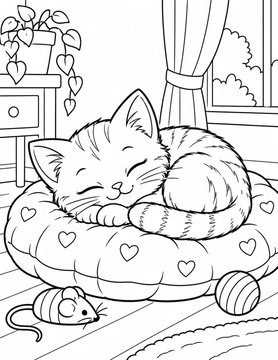 Sleeping kitten curled up on a heart-pattern cushion coloring page