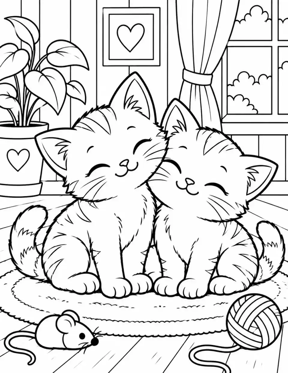 Two cute kittens cuddling together on a rug coloring page
